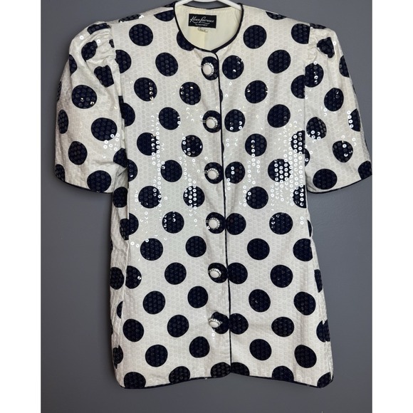 White Cross Tops - Vintage Karen Lawrence Sequin White & Navy Blue Polka Dot Women's Blouse Size-8